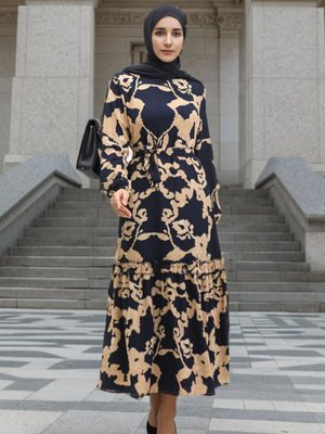 Lacivert Desenli Kuşaklı Viskon Elbise Lacivert Desenli Kuşaklı Viskon Elbise