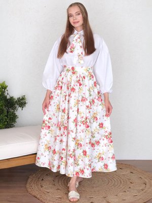 Beyaz Bebe Yaka Crop Gömlek & Narçiçeği Desenli Balon Etek