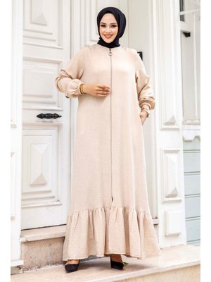 Bej Eteği Volanlı Fermuarlı Ferace