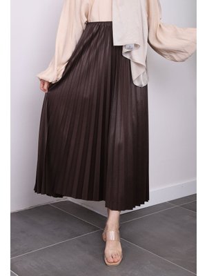 Koyu Kahve Deri Görünümlü Piliseli Etek Koyu Kahve Deri Görünümlü Piliseli Etek