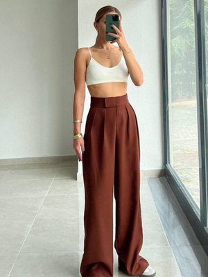 Kahverengi Cırtlı Palazzo Crep Pantolon