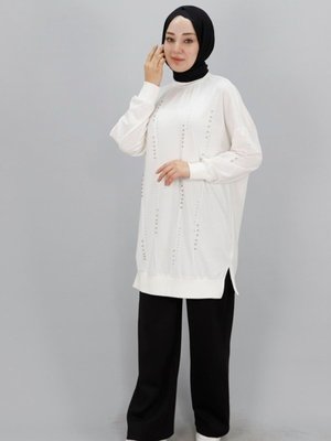 Ekru Taş Detaylı İp Kumaş Sweatshirt Ekru Taş Detaylı İp Kumaş Sweatshirt