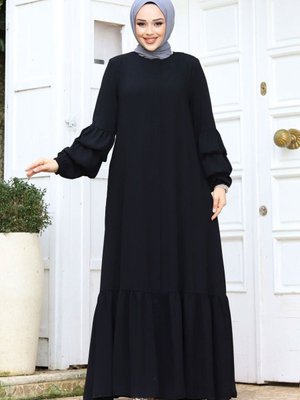 Çift Balon Kol Detaylı Eteği Volanlı Ferace Siyah