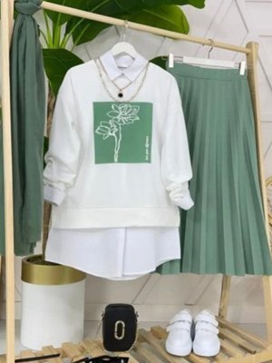 Mint Yeşili Çicek Baskılı Pilise Etekli Takım Mint Yeşili Çicek Baskılı Pilise Etekli Takım