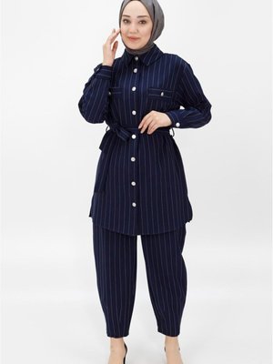 Lacivert Krep Kumaş Çizgili İkili Takım