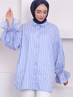 Bebe Mavi Kol Lastikli Çizgili Gömlek