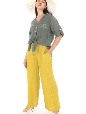 Sarı İtalyan Kemerli Keten Pantolon