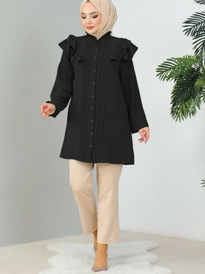 Omuz Fırfırlı Tunik Siyah