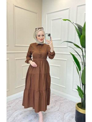 Kahverengi Standart Yaka Dügmeli Elbise Kahverengi Standart Yaka Dügmeli Elbise