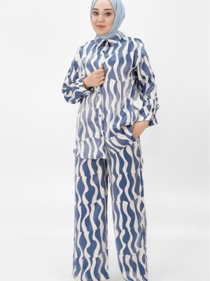 İndigo Pamuklu Saten Kumaş Desenli İkili Takım İndigo Pamuklu Saten Kumaş Desenli İkili Takım