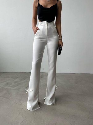 Beyaz Atlas Kumaş İspanyol Paça Kurdele Detaylı Pantolon