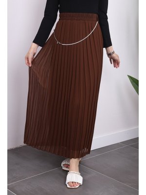 Kahverengi Piliseli Şifon Etek