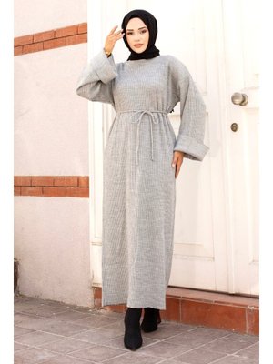 Gri Beli İp Bağlamalı Düşük Kol Triko Elbise
