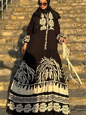 Siyah Bej Desenli Viskon Elbise