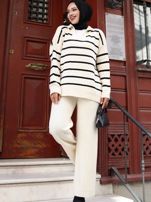 Taş Giyim Fitilli Ve Çizgili Gömlek V Yaka Triko Pantolon İkili Takım Taş Giyim Fitilli Ve Çizgili Gömlek V Yaka Triko Pantolon İkili Takım