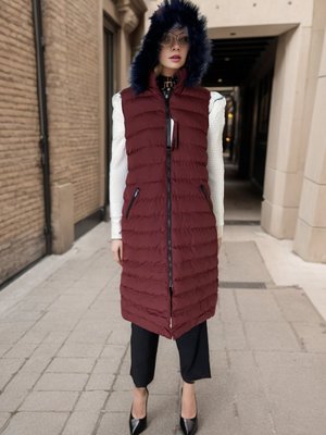 Bordo Kürk Kapüşonlu Kemerli Şişme Yelek Bordo Kürk Kapüşonlu Kemerli Şişme Yelek