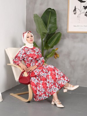 Bordo Güllü Desenli Keten Elbise Bordo Güllü Desenli Keten Elbise