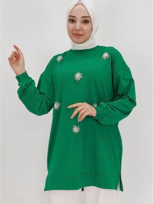 Yeşil İp Kumaş Taş Ve İnci Detaylı Sweatshirt Yeşil İp Kumaş Taş Ve İnci Detaylı Sweatshirt
