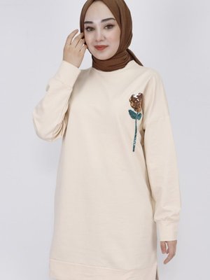 Bej İp Kumaş Pul İşleme Detaylı Sweatshirt Bej İp Kumaş Pul İşleme Detaylı Sweatshirt