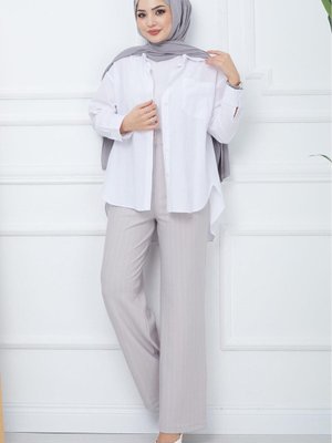 Pileli Çizgili Pantolon Gri Pileli Çizgili Pantolon Gri