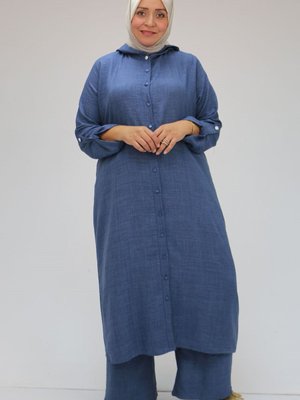 İndigo Büyük Beden Çarpı Biye Detaylı Pantolonlu Takım İndigo Büyük Beden Çarpı Biye Detaylı Pantolonlu Takım