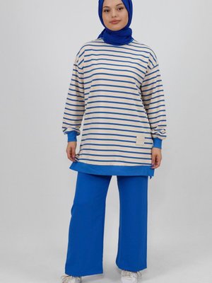 İndigo Çizgili Desenli İplik Sweatshirt İndigo Çizgili Desenli İplik Sweatshirt
