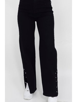 Siyah Yırtmacı Taş Deatylı Geniş Paça Kot Pantolon Siyah Yırtmacı Taş Deatylı Geniş Paça Kot Pantolon