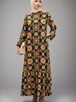 Siyah Haki Viskon Desenli Elbise Siyah Haki Viskon Desenli Elbise
