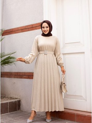 Taş Bisiklet Yaka Kolu Lastikli Ve Kemerli Şık Piliseli Keten Elbise Taş Bisiklet Yaka Kolu Lastikli Ve Kemerli Şık Piliseli Keten Elbise