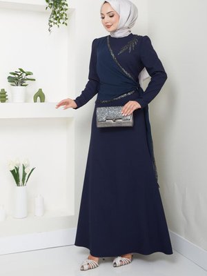 Pul Aplikeli Krep Abiye Elbise Lacivert