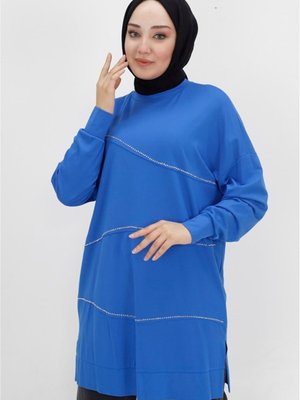 İndigo Viskon Kumaş Önü Taş Şeritli Tunik