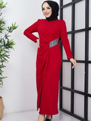 Kırmızı Dalya Taşlı Krep Abiye Elbise