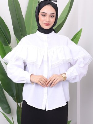 Beyaz Fırfırlı Dantel Detaylı Gömlek