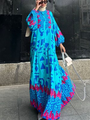 Turkuaz Oversize Yazlık Viskon Elbise