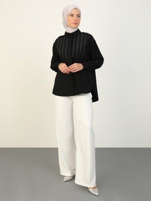 Siyah Taş Detaylı Poplin Kumaş Tunik