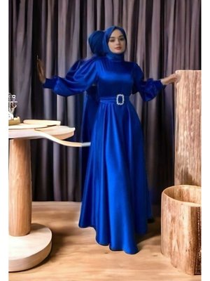 Mavi Saten Kemerli Bellae Elbise