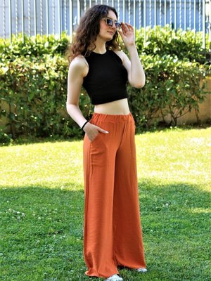 Kiremit Bol Paça Beli Lastikli Rahat Çift Cepli Keten Görünümlü Pantolon Kiremit Bol Paça Beli Lastikli Rahat Çift Cepli Keten Görünümlü Pantolon