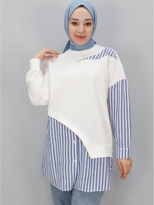 Ekru İp Kumaş Çizgili Gömlek Garnili Sweatshirt