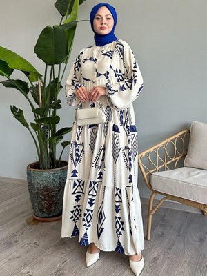 Geometrik Şekilli İndigo Viskon Elbise