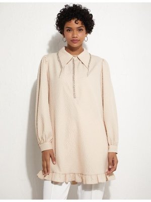 Taş Süslemeli Gofreli Tunik Krem