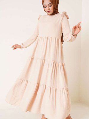 Bej Omuz Fırfır Detaylı Terikoton Elbise