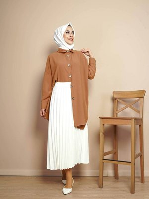 Düğmeli Taba Uzun Gömlek