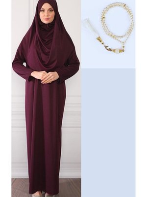 Boydan Giymeli Mürdüm Namaz Elbisesi Ve 99'luk İnci Tesbih Boydan Giymeli Mürdüm Namaz Elbisesi Ve 99'luk İnci Tesbih