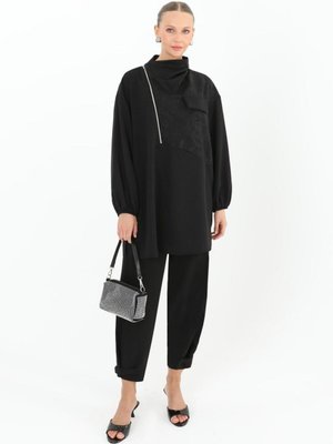 Siyah Aerobin Kumaş Yaka Fermuar Detaylı İkili Takım