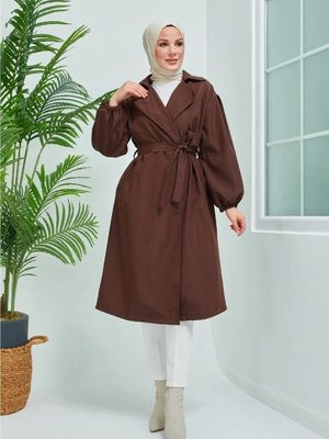 Belden Bağlamalı Kahverengi Balon Kol Trençkot Belden Bağlamalı Kahverengi Balon Kol Trençkot