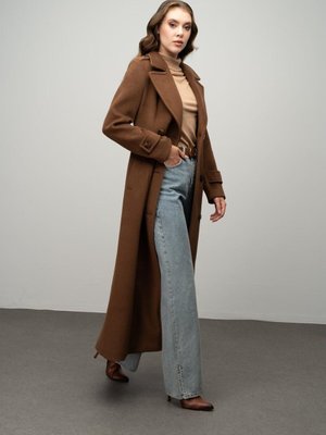 Apolet Detaylı Kruvaze Uzun Boy Kaban Tütün