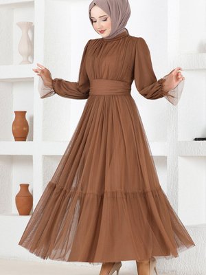 Kemerli Şifon Abiye Elbise Taba Kemerli Şifon Abiye Elbise Taba