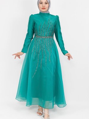 Yeşil Tül Kumaş Önü Taş Detaylı Abiye Elbise Yeşil Tül Kumaş Önü Taş Detaylı Abiye Elbise