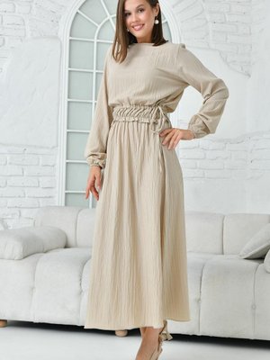Bej Bisklet Yaka Uzun Kollu Gofre Elbise