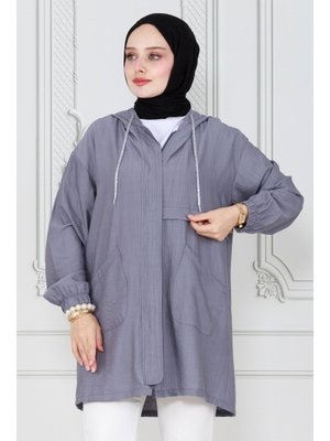 Gri Fermuarlı Kapüşonlu Kap Gri Fermuarlı Kapüşonlu Kap